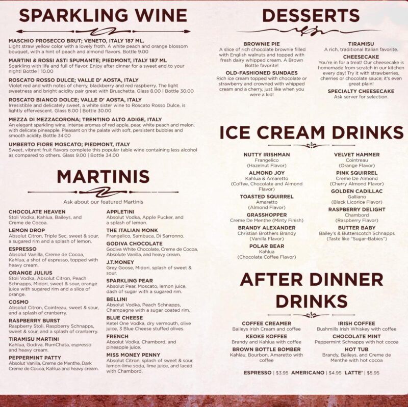 Beverage and Dessert Menu The Brown Bottle in Downtown Waterloo