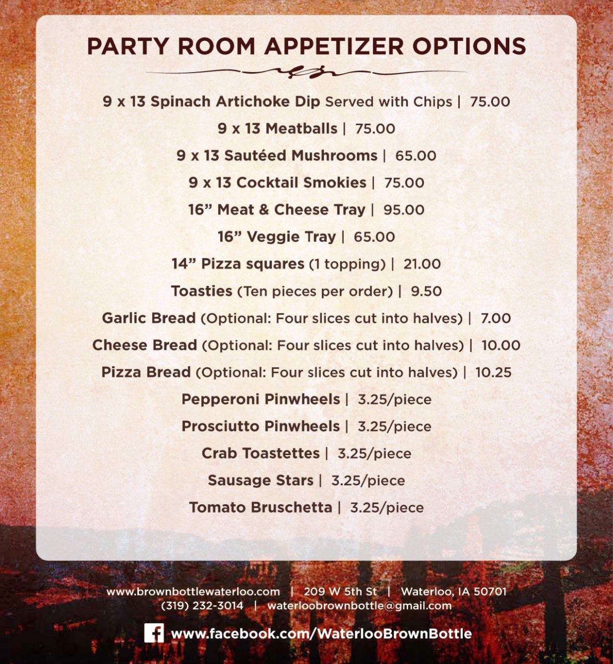 Brown Bottle Party Room Appetizer Menu 2023
